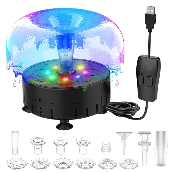 2.5W Fountain Pump with LED Lights - DIY Water Pump Kit,Multiple Nozzles for Bird Bath Fountain, Water Gardens & Ponds Decor, Black