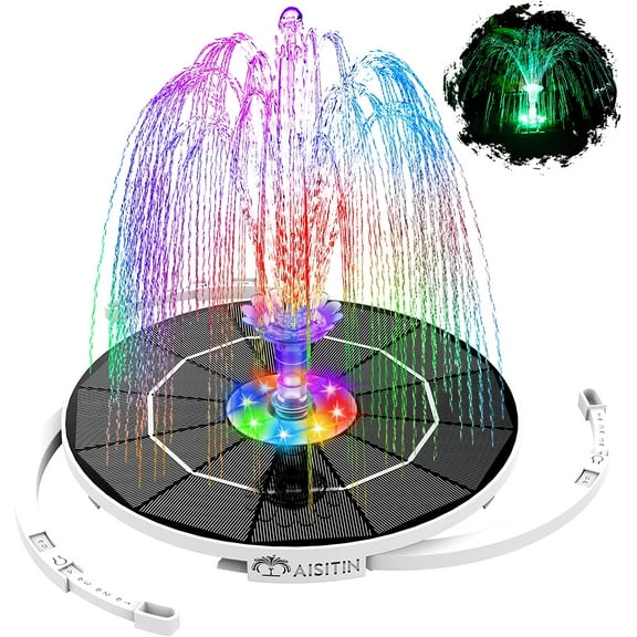 AISITIN 3.5 W LED Solar Fountain Pump with Lights for birdbath/Pool with 16 DIY nozzles, Solar Fountain with 3000 mAh Battery and 8 Colored LED Lights, Retractable Stand for Outdoor, Garden, Pool
