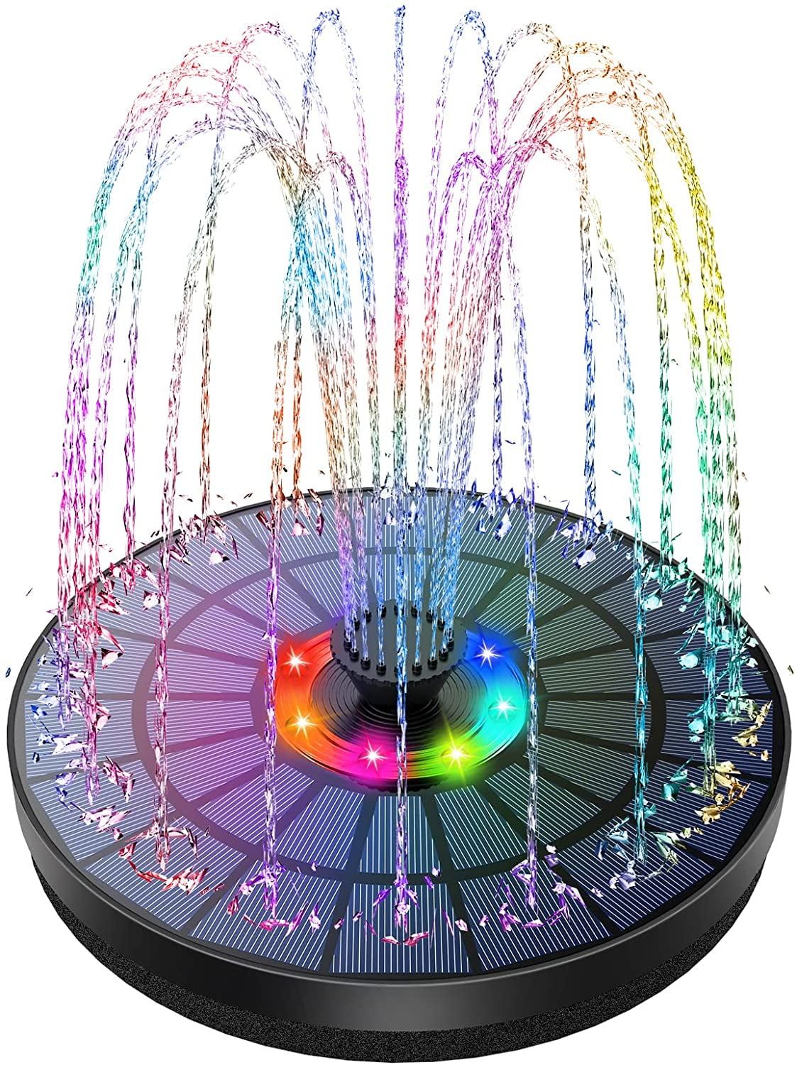 AISITIN 5.5W LED Solar Fountain Pump, 8 Colorful Lights, 7 Nozzles, for Garden, Pond, Bird Bath