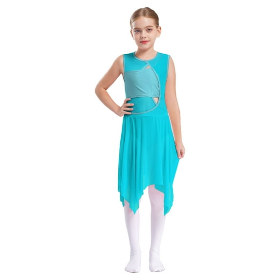 Aislor Kids Girls Sequins Lyrical Ballet Dance Dress Chiffon Leotard Tunic Dress Modern Contemporary Performance Costume Blue-green 10