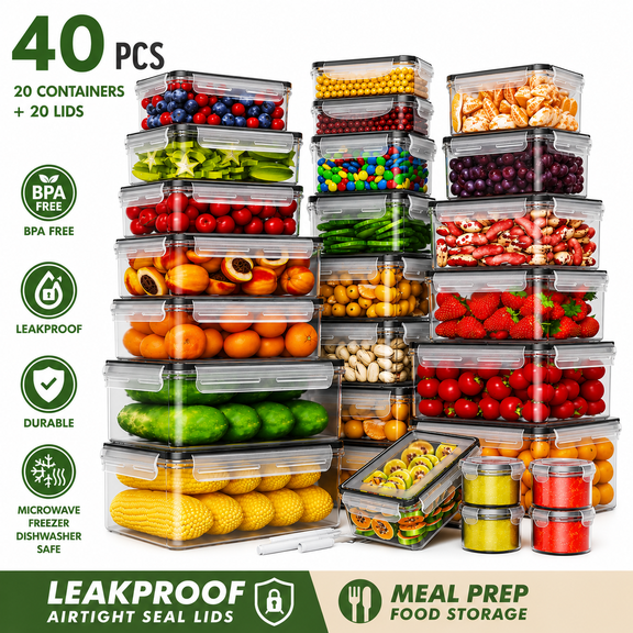 AISOON 40-Piece Food Storage Container Set with Lids, BPA-Free Leakproof Meal Prep Containers, Microwave, Freezer & Dishwasher Safe
