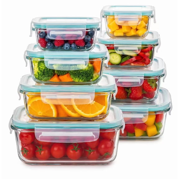 AISOON 8-Pack Borosilicate Glass Food Storage Containers, Leakproof Airtight Lids, BPA-Free Meal Prep Kitchen Storage Set
