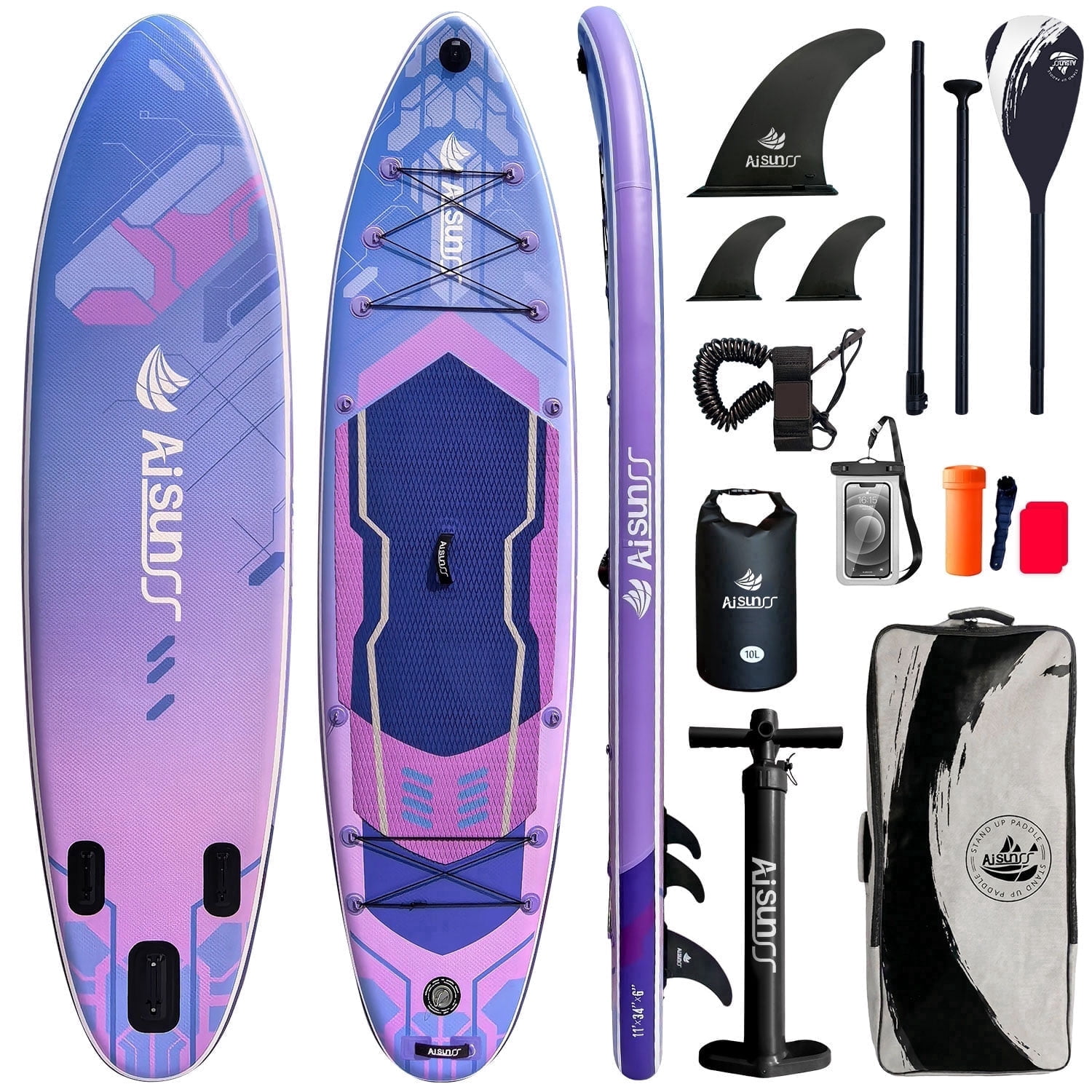 AISUNSS 11FT Inflatable Fishing Stand Up Paddle Board, 6'' Thick Deck, Complete Premium Full SUP Accessories Included
