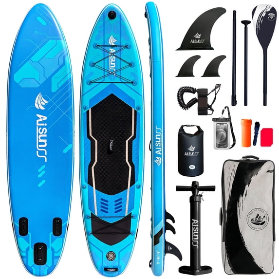 AISUNSS 11 ft Inflatable Fishing Stand up Paddle Board, 6" Thick Deck, Complete Premium Full SUP Accessories Included