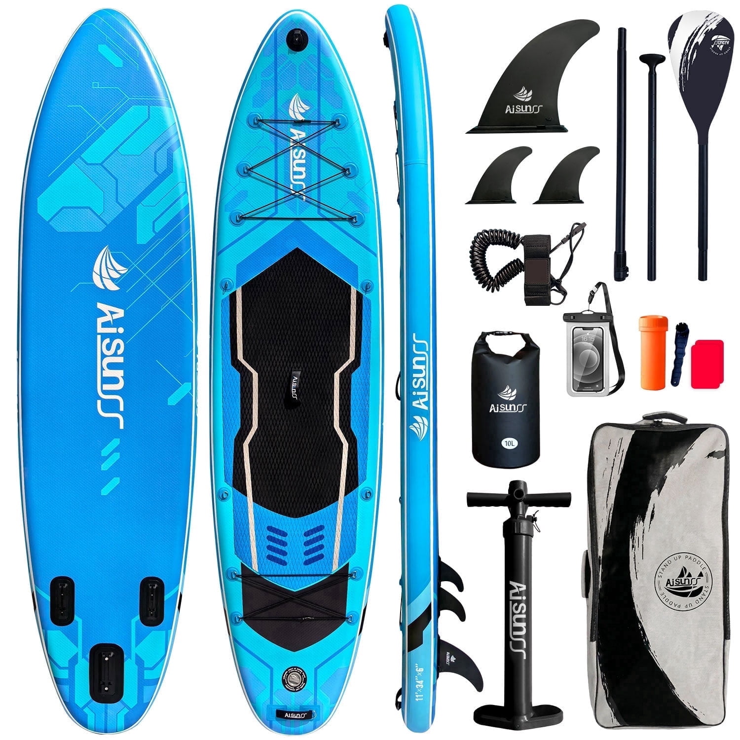 AISUNSS 11′ Inflatable Fishing Stand Up Paddle Board, 6″ Thick Deck, Complete Premium Full SUP Accessories Included