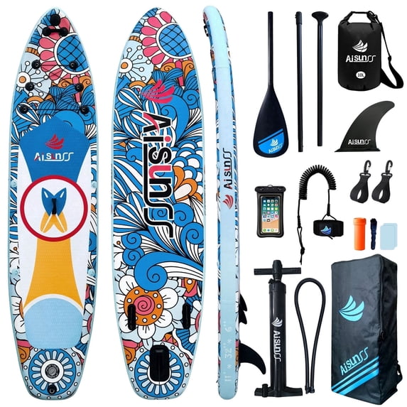 AISUNSS 11ft Inflatable SUP Board, 6" Thick Floral Print Stand Up Paddle Board with Complete Kit for Adults & Youth