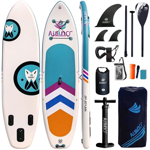 AISUNSS 10.6ft Inflatable Stand up Paddle Board Non-Slip Deck Full Accessories for Yoga Surfing Fishing