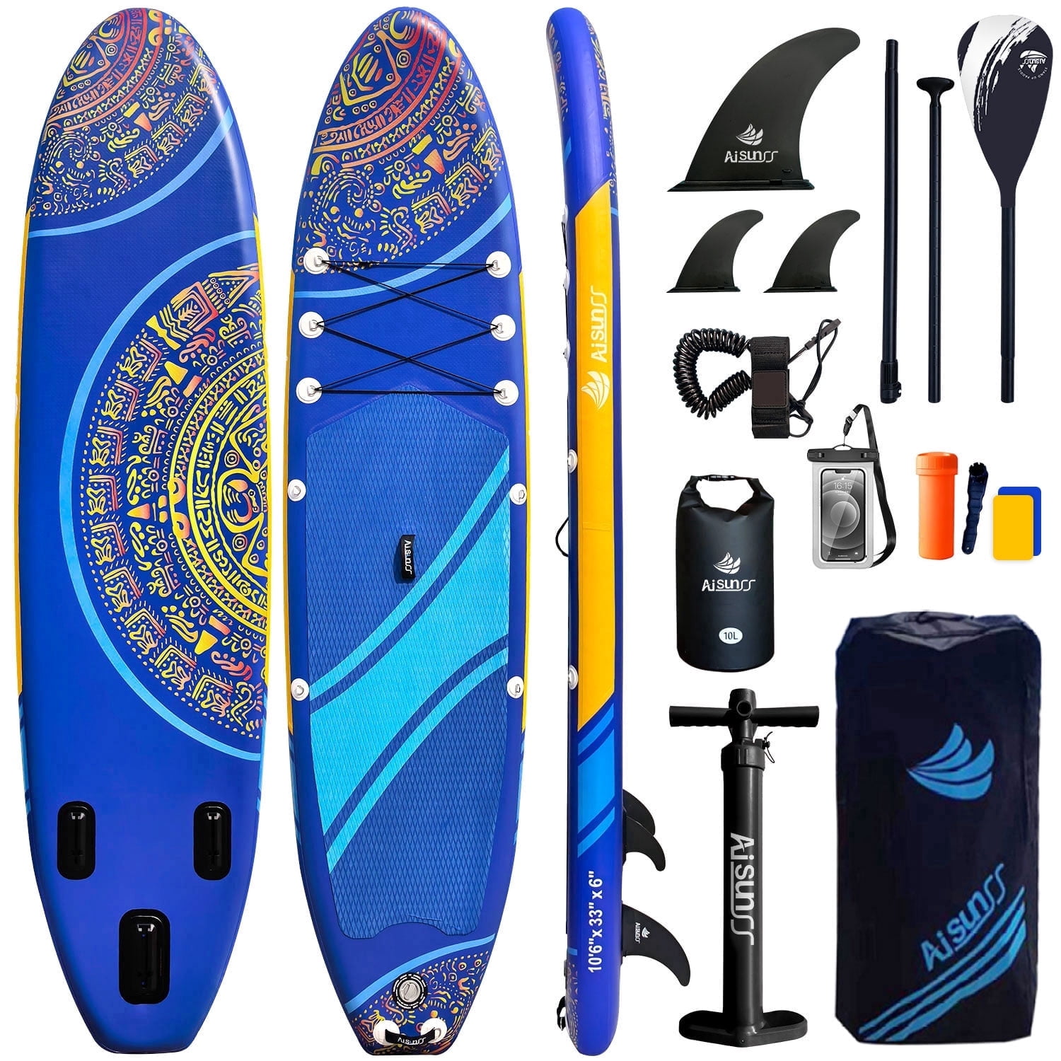 AISUNSS Inflatable Stand-Up Paddle Board Wide SUP with Full Accessories, Anti-Slip EVA Deck, Paddleboard for Yoga/Surfing/Fishing & More, for Youth & Adults, Beginner-Friendly
