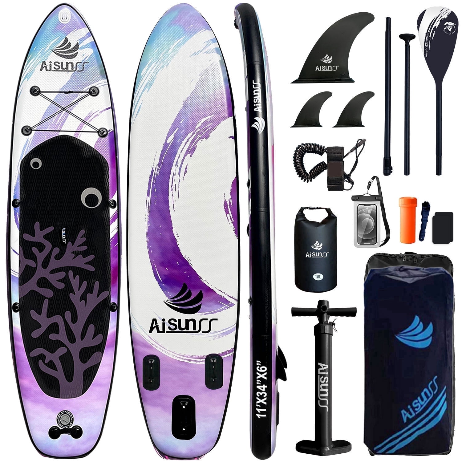 AISUNSS Inflatable Stand Up Paddle Board, 11ft Fishing Paddle Board with SUP Accessories