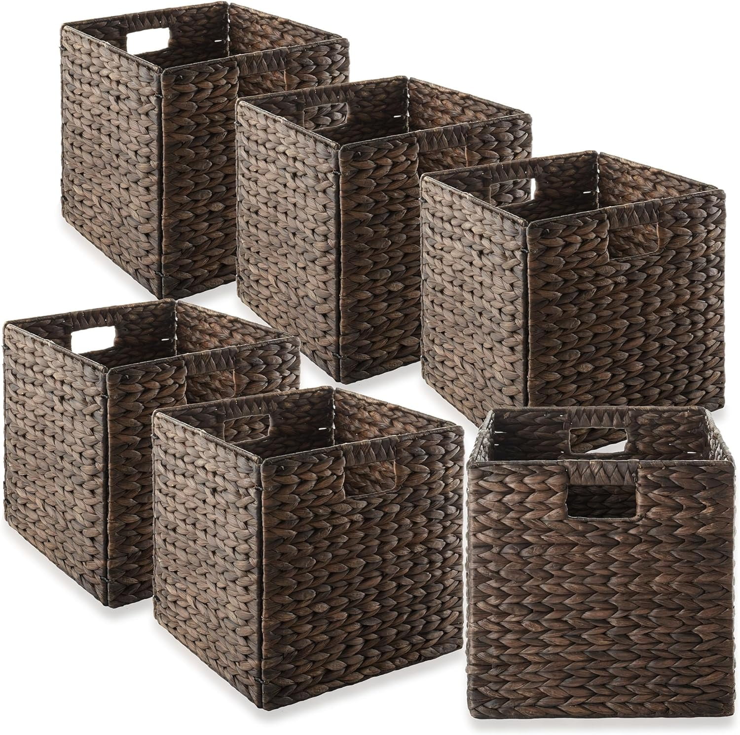 AISUO 12" x 12" Water Hyacinth Storage Baskets, Espresso - Set of 6 Collapsible Cube Organizers, Woven Bins for Bathroom, Bedroom, Laundry, Pantry, Shelves