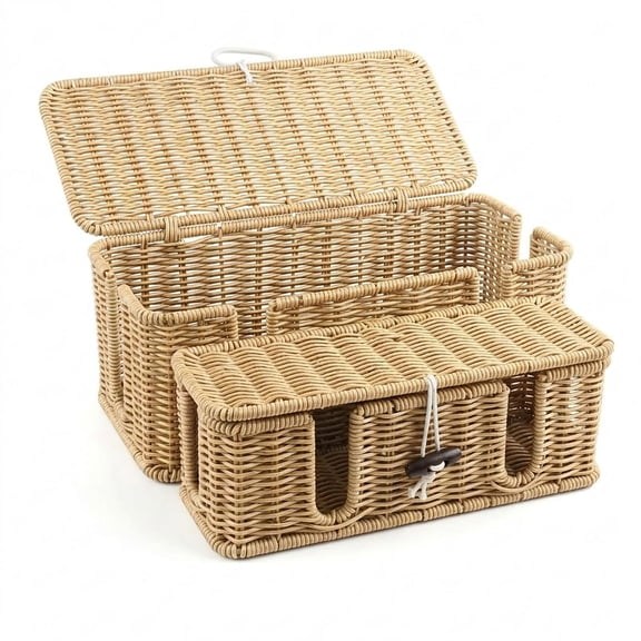 AISUO 2‑Pack Natural Rattan Cable Management Box, Large Cord Organizer Box with Lid, 4 Cable Exits Under‑Desk Router Hider for TV Wires, Computer, Surge Protector, USB Hub & Power Strip