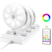 AISUO 3 Pack Rechargeable Under Cabinet Puck Lights with Charging Station,1000mAh, Motion Sensor Closet Lights with Remote, 3 Color Temperatures &12 RGB Colors, Dimmable Lights for Shelf, Kitchen