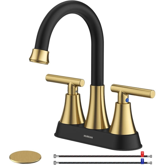 AISUO 4‑Inch Black and Gold 3‑Hole Centerset Bathroom Sink Faucet, Lead‑Free Stainless Steel Basin Faucet with Lift Drain & Supply Hoses for Bathroom and RV
