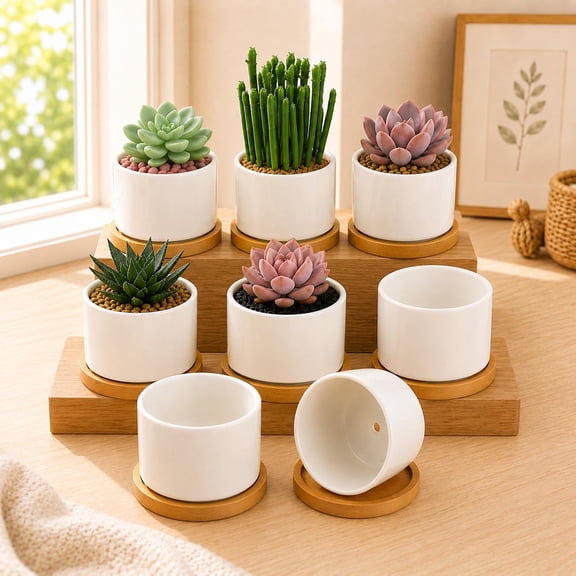 AISUO 8‑Pack White Ceramic Succulent Pots, 3.6" Small Plant Pots with Drainage Hole & Bamboo Tray, Mini Planters for Desk, Home and Office Indoor Decor