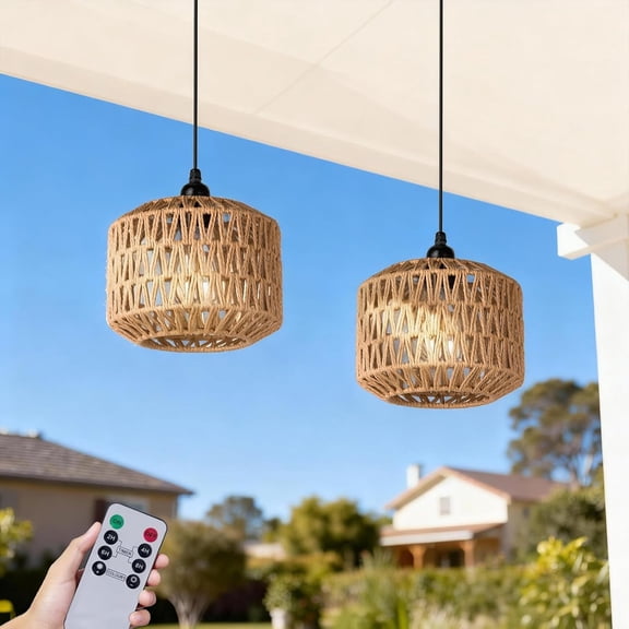 AISUO Battery‑Operated Outdoor Chandelier, 7.8" Woven Rattan Hanging Pendant Light, Waterproof Gazebo Lamp for Pergola, Porch, Indoor & Outdoor Decor