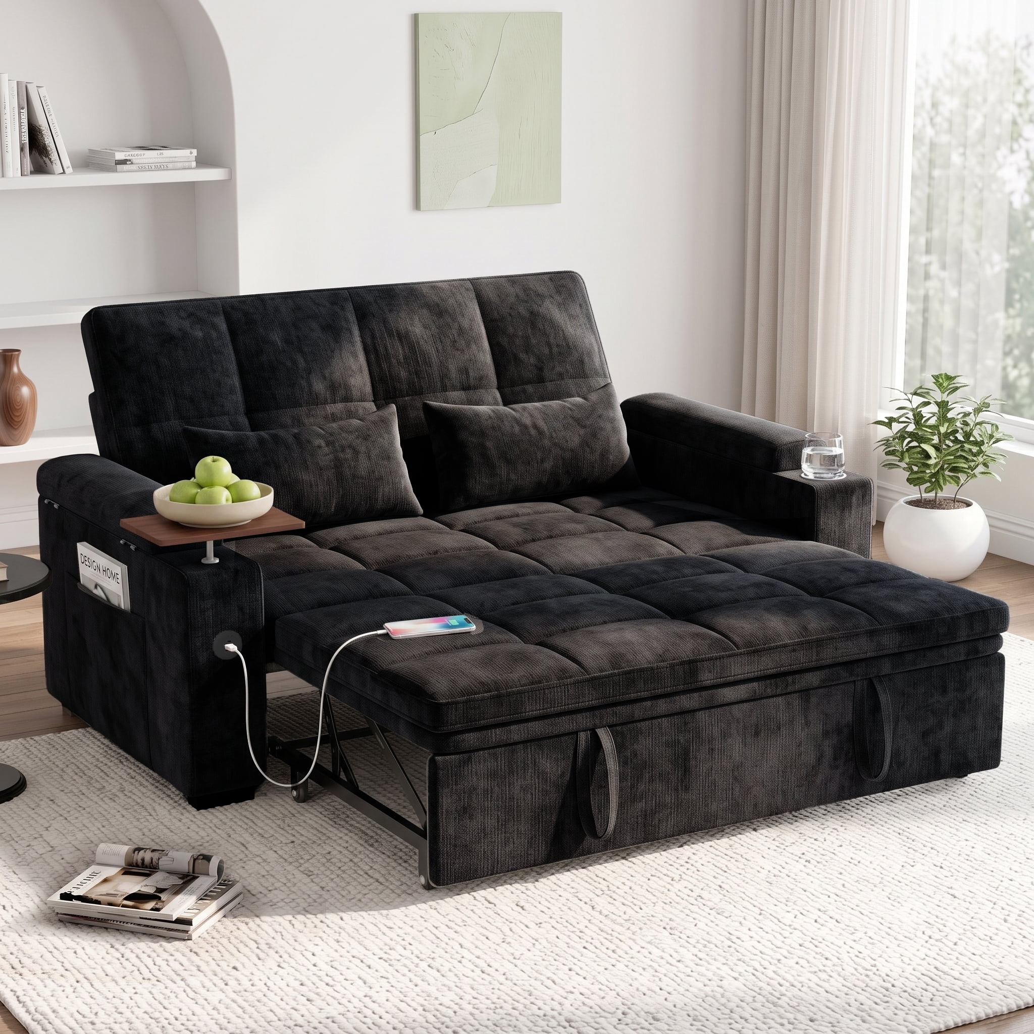 AISWORD 65" 3‑in‑1 Pull‑Out Sleeper Sofa Bed, Chenille Convertible Loveseat with USB Port, Rotating Side Table, Cup Holders for Small Spaces, Black
