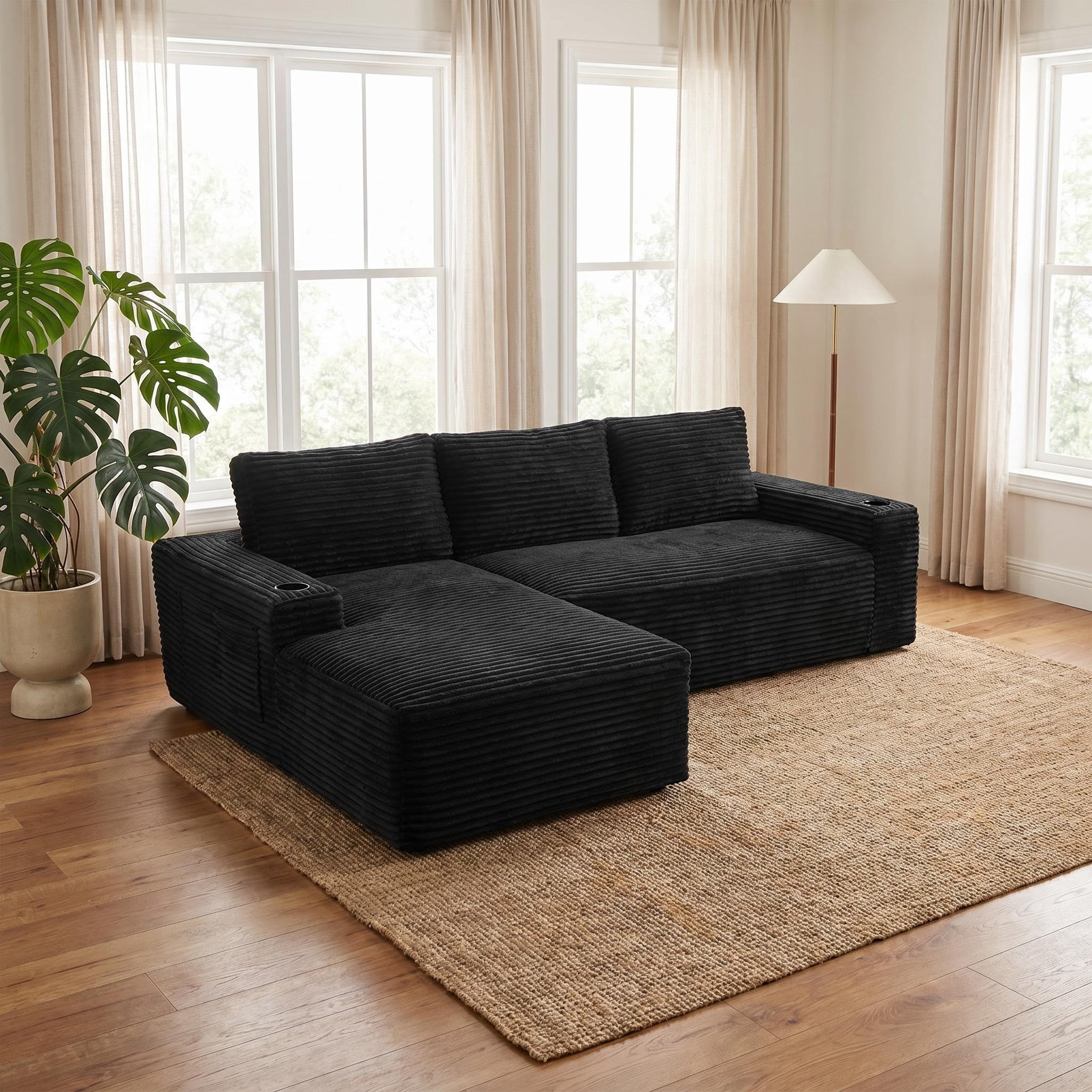 AISWORD 104.3" L-Shaped Modular Sectional Sofa, Corduroy 4-Seater Cloud Couch with Cup Holders & Side Pockets, Boneless Upholstered Sofa, No Assembly, Black, Left-Facing Chaise