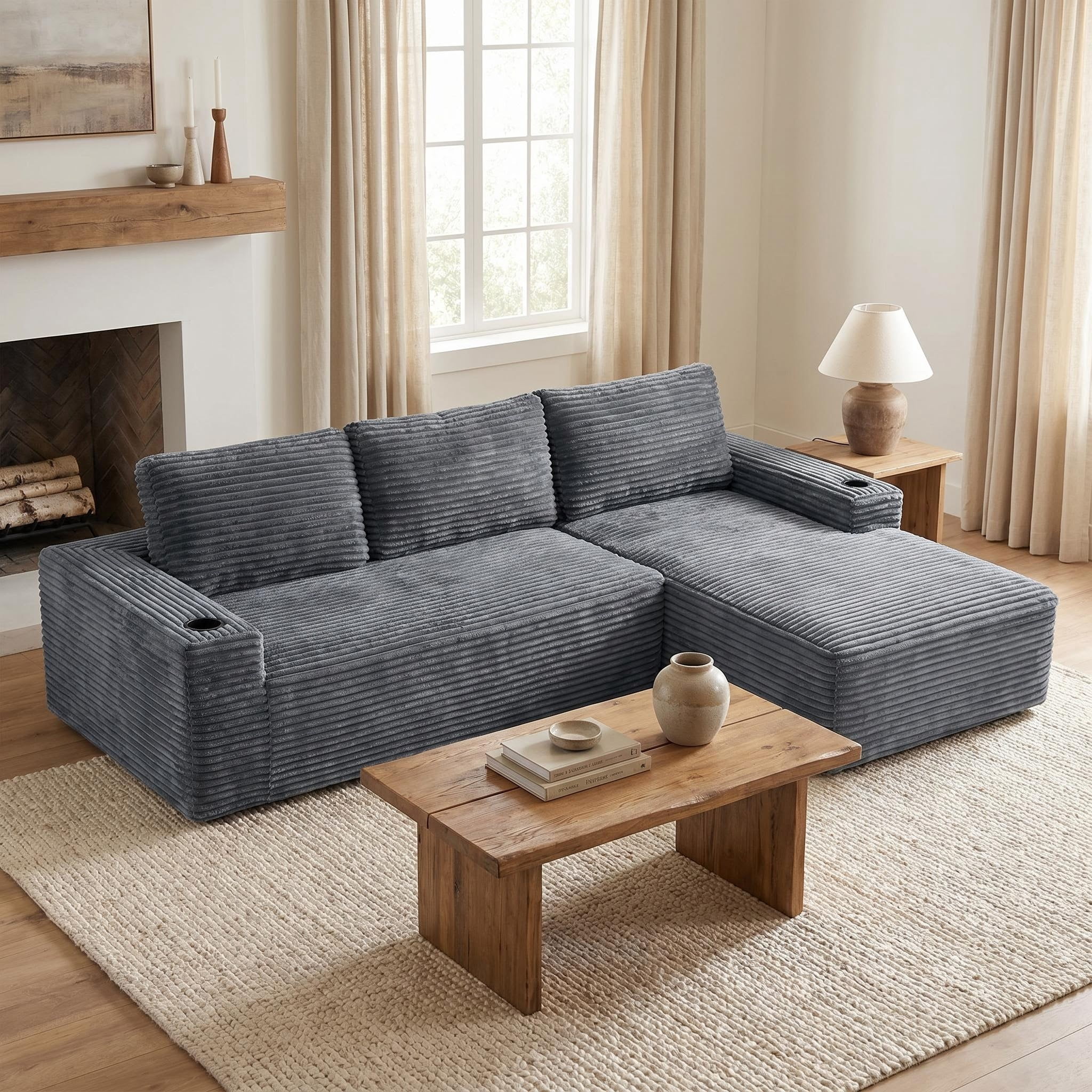 AISWORD 104.3" L-Shaped Modular Sectional Sofa, Corduroy 4-Seater Cloud Couch with Cup Holders & Side Pockets, Boneless Upholstered Sofa, No Assembly, Gray, Right-Facing Chaise