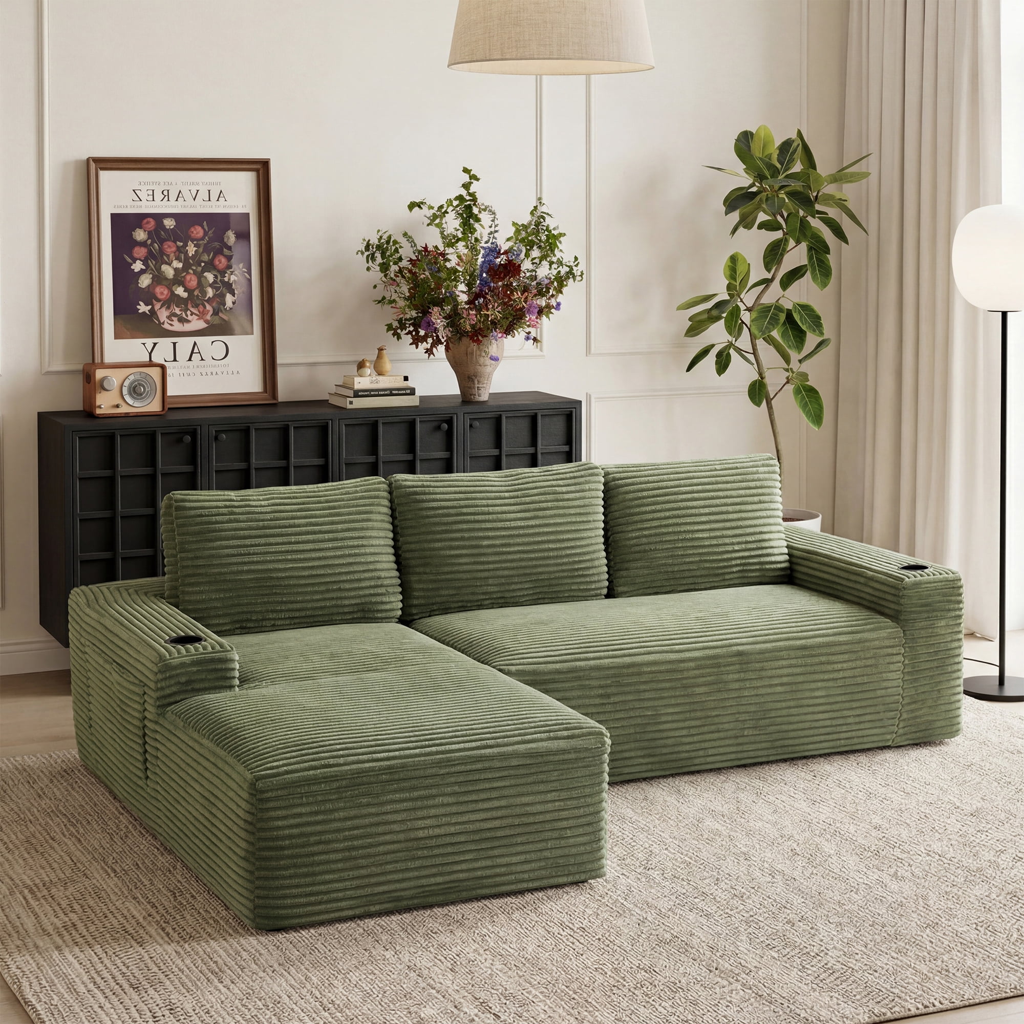 AISWORD 104.3" L-Shaped Modular Sectional Sofa, Corduroy 4-Seater Cloud Couch with Cup Holders & Side Pockets, Boneless Upholstered Sofa, No Assembly, Green, Left-Facing Chaise