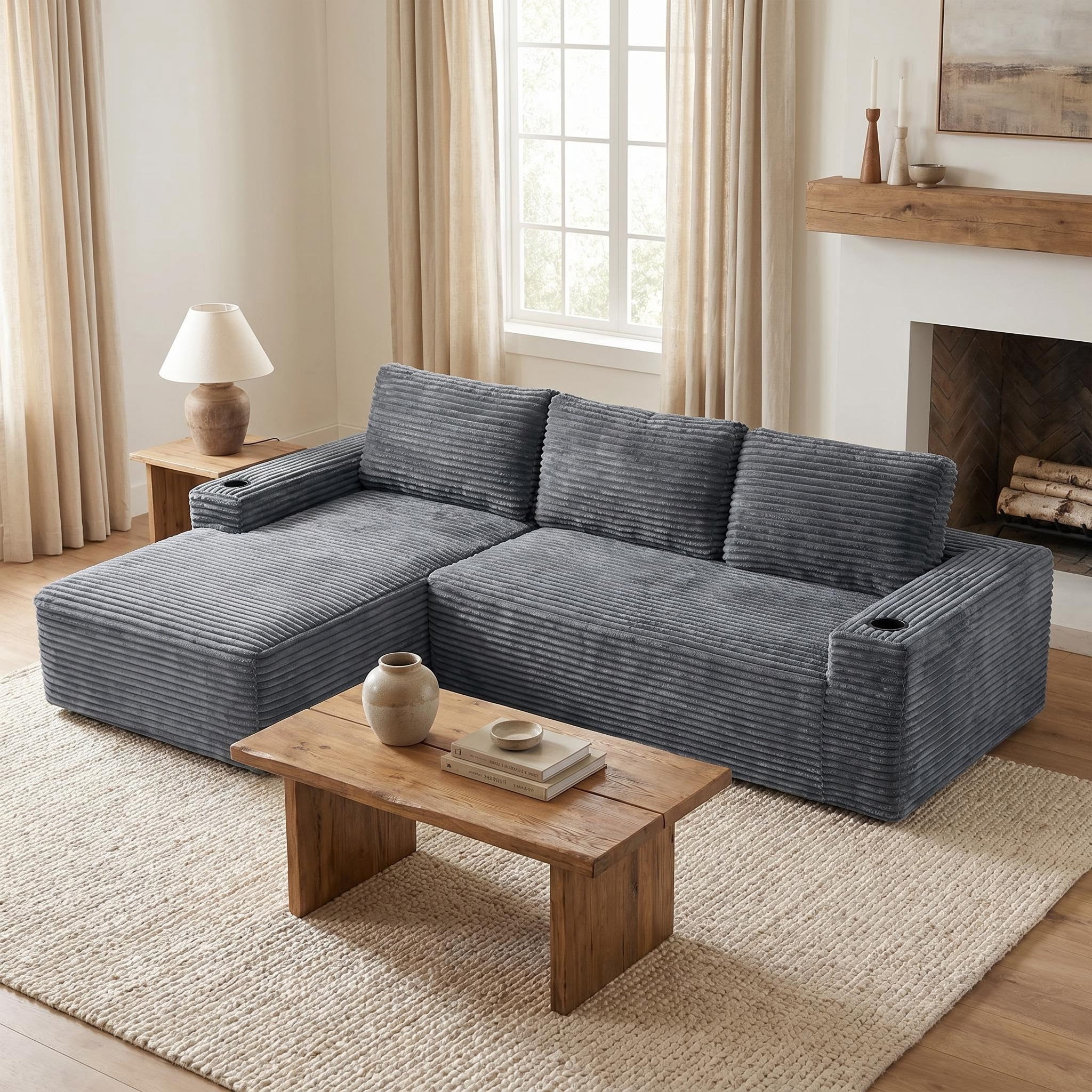AISWORD 104.3" L-Shaped Modular Sectional Sofa, Corduroy 4-Seater Cloud Couch with Cup Holders & Side Pockets, Boneless Upholstered Sofa, No Assembly, Gray, Left-Facing Chaise