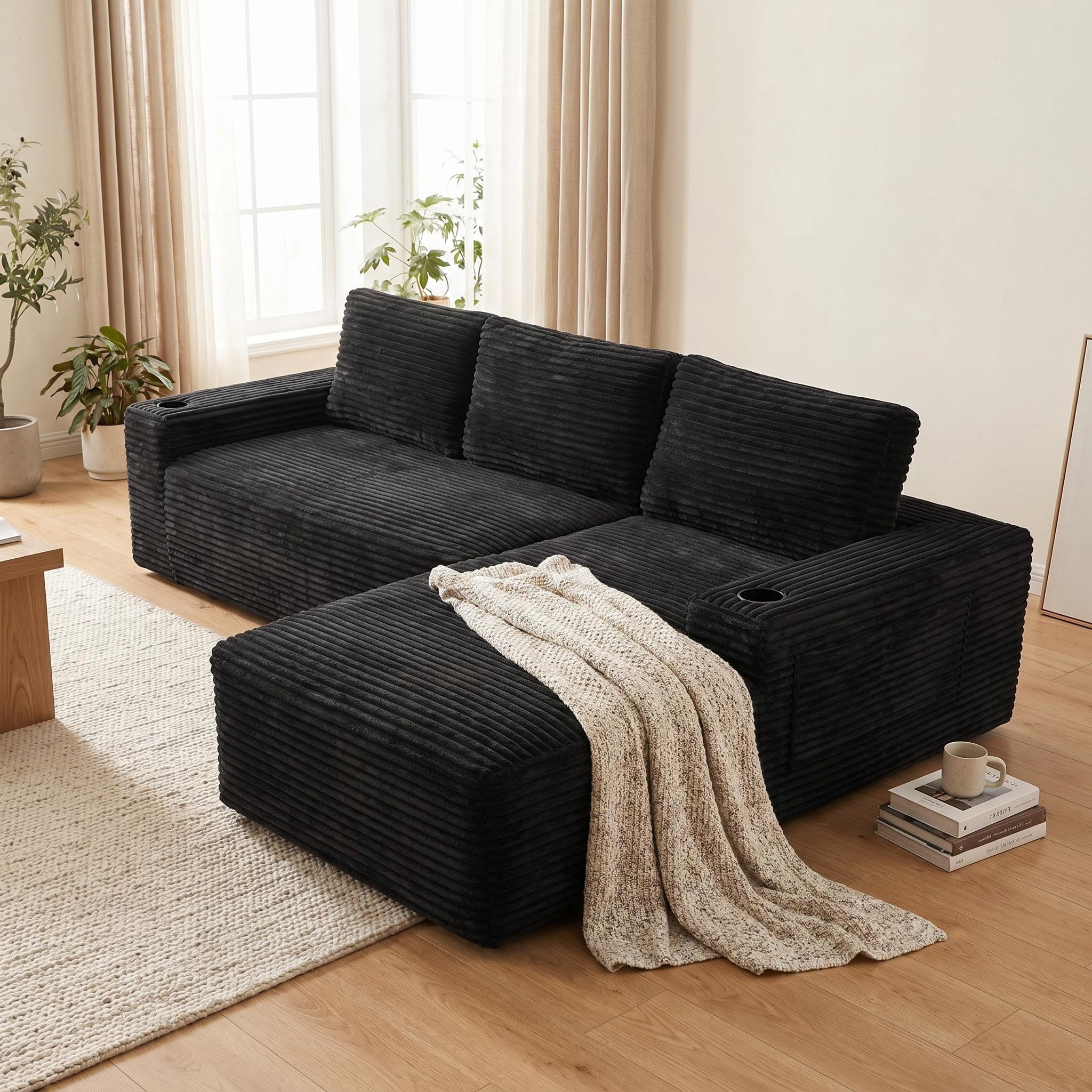 AISWORD 104.3" L-Shaped Modular Sectional Sofa, Corduroy 4-Seater Cloud Couch with Cup Holders & Side Pockets, Boneless Upholstered Sofa, No Assembly, Black, Right-Facing Chaise