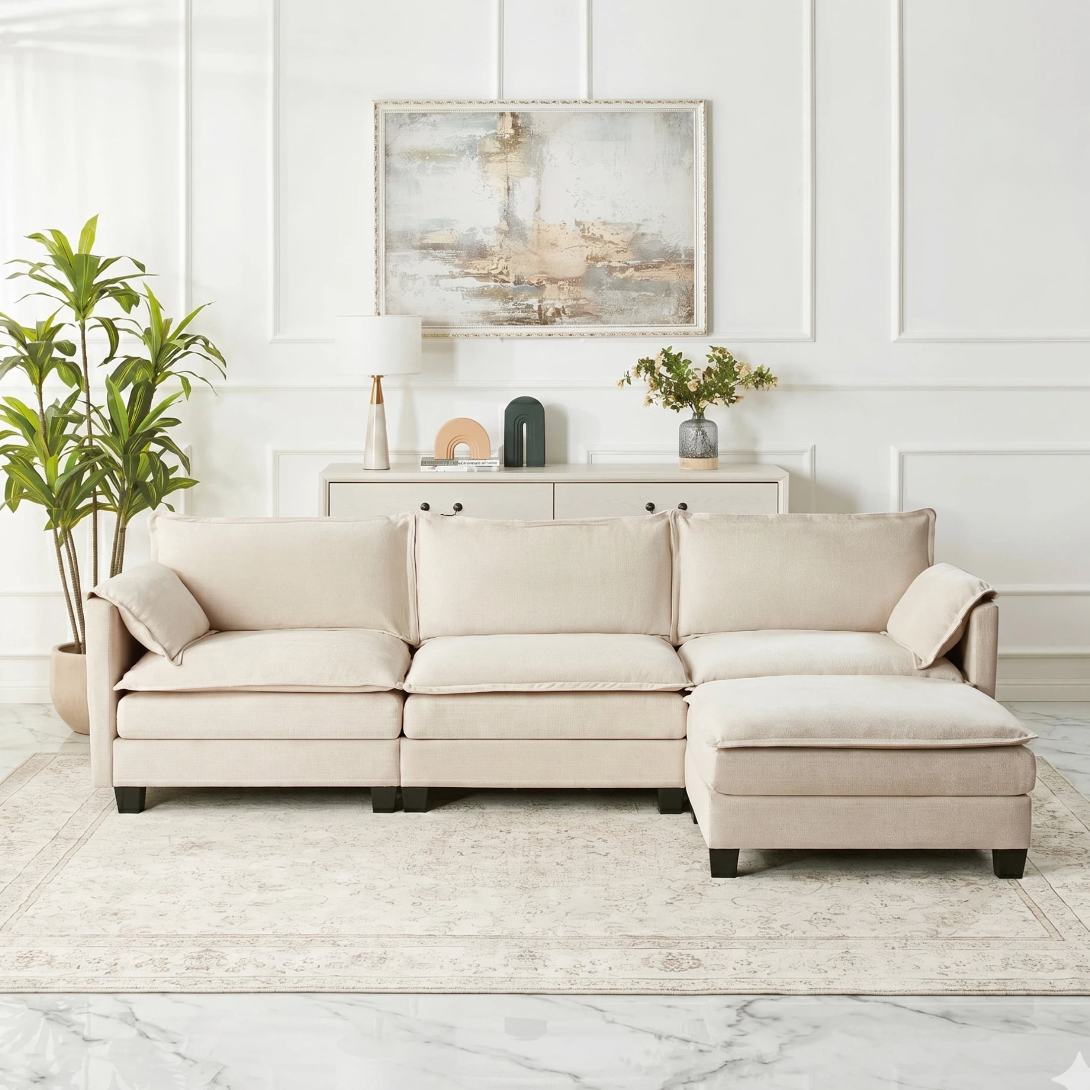 AISWORD 107.4" L Shaped Modular Sectional Sofa with Movable Ottoman & Side Storage Pockets, 4 Seat Convertible Set for Living Room & Office, Beige
