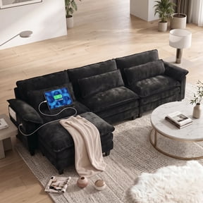 AISWORD 113 Inch Cloud Modular Sectional Couch, L‑Shaped Deep Wide Seat Sofa with Ottoman, USB Charging Port, Throw Pillows, Modern Chenille Living Room Furniture, Black