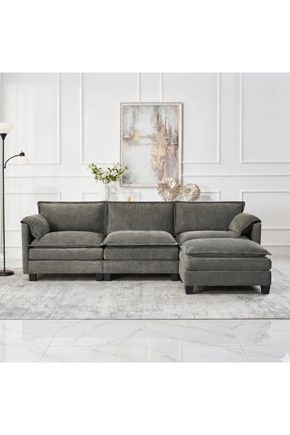 107.4" L Shaped Modular Sectional Sofa with Movable Ottoman & Side Storage Pockets, 4 Seat Convertible Set for Living Room & Office, Grey