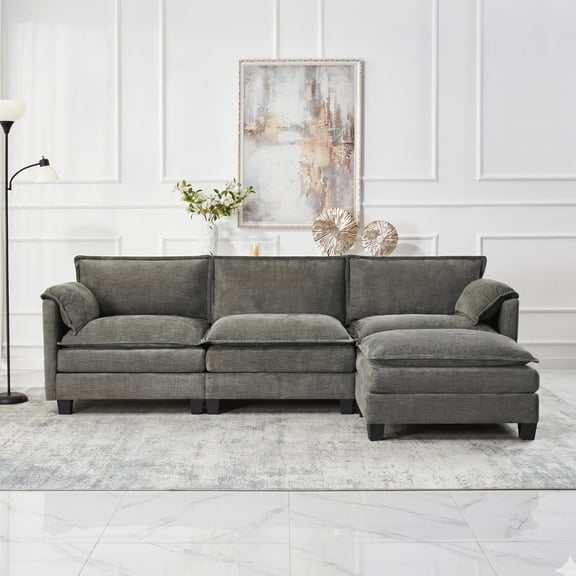 AISWORD 107.4" L Shaped Modular Sectional Sofa with Movable Ottoman & Side Storage Pockets, 4 Seat Convertible Set for Living Room & Office, Grey
