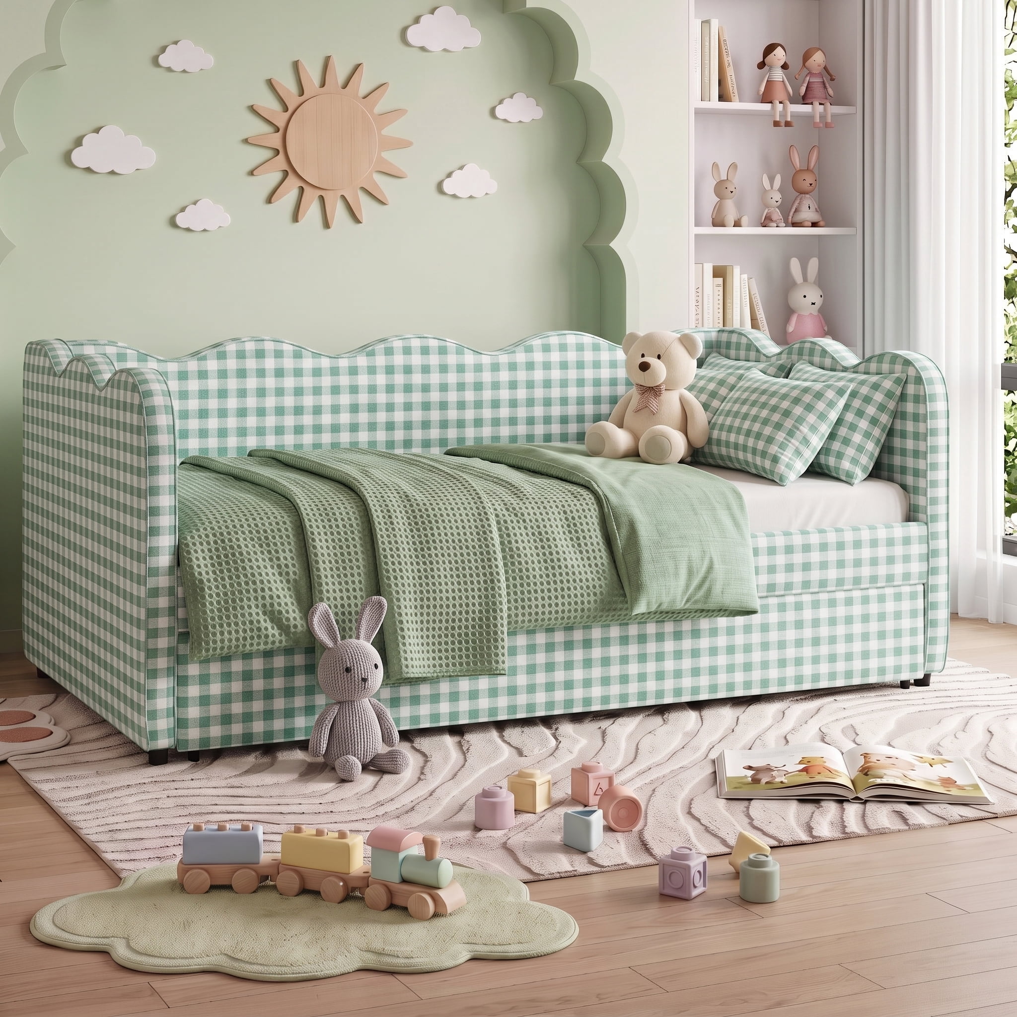 avobird Cozy Gingham Daybed with Trundle Queen Size Sofa Bed for Living Room, Sleeper Sofa with USB Port and Adorable Wave Shaped, Linen Fabric, Cyan