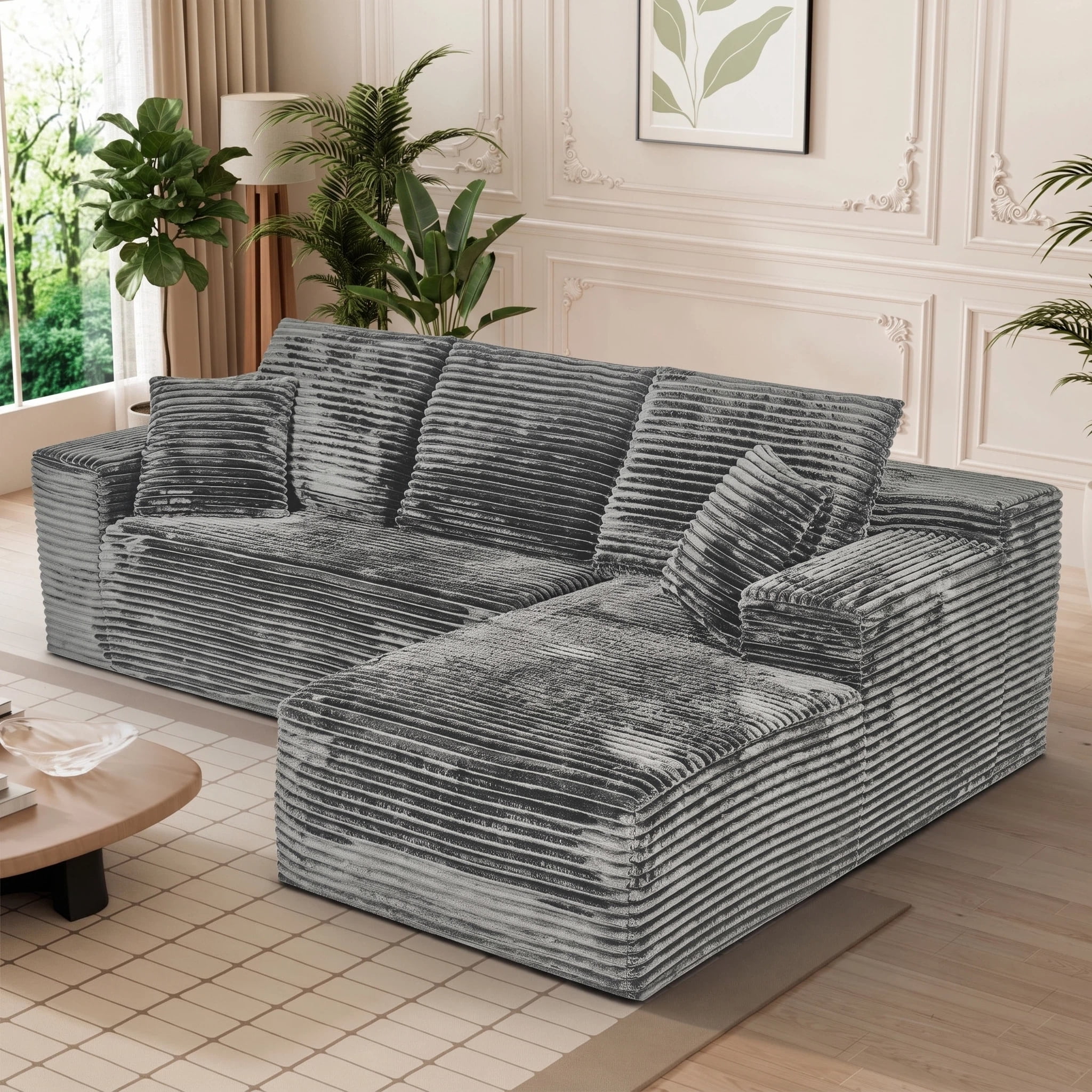 AISWORD 107.5" Corduroy Boneless L Shaped Modular Sectional Sofa with Right Facing Chaise, Deep Seat Compressed Couch with Throw Pillows, No Assembly Required, Gray