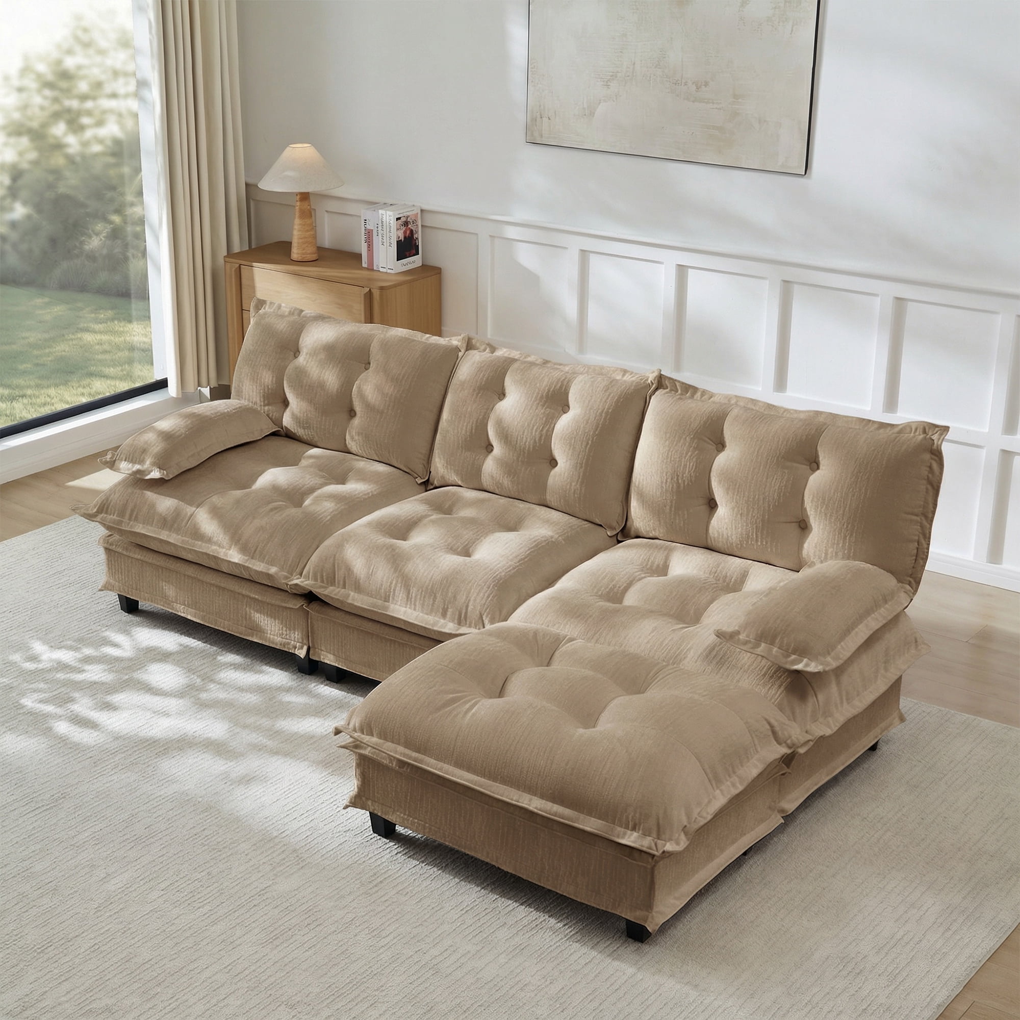 AISWORD 107" L-Shaped Modular Sectional Cloud Sofa with Ottoman, Chenille Fabric Deep Seat Couch with Lattice Decored Cushions