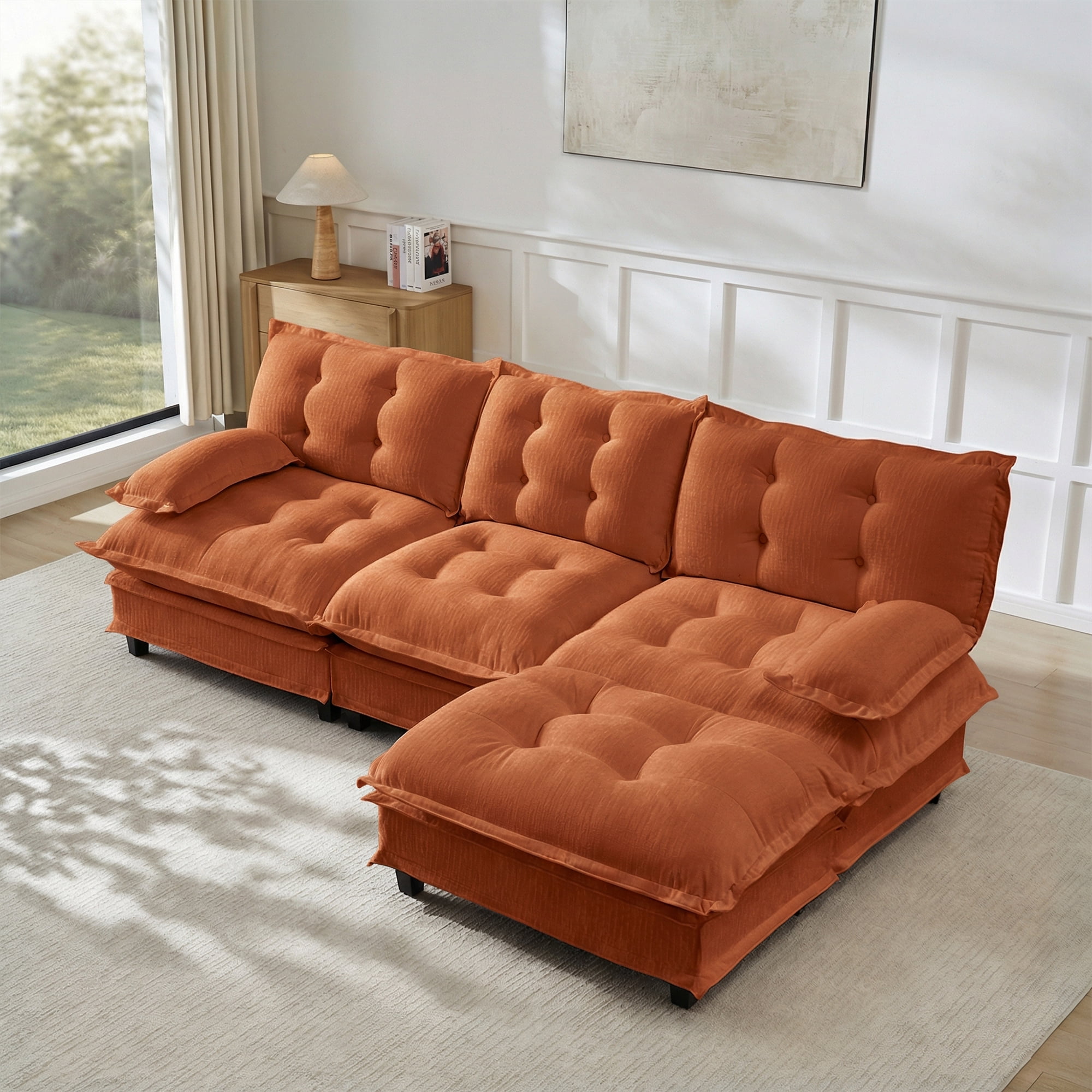 AISWORD 107" L-Shaped Modular Sectional Cloud Sofa with Ottoman, Chenille Fabric Deep Seat Couch with Lattice Decored Cushions