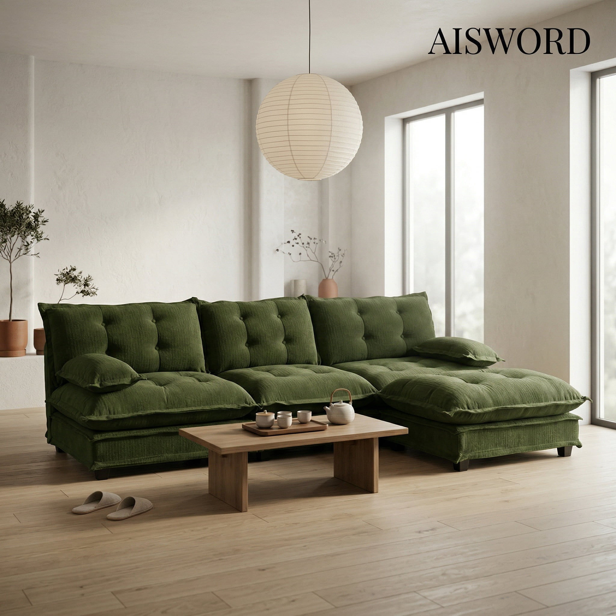 AISWORD 107" L-Shaped Modular Sectional Cloud Sofa with Ottoman, Chenille Fabric Deep Seat Couch with Lattice Decored Cushions