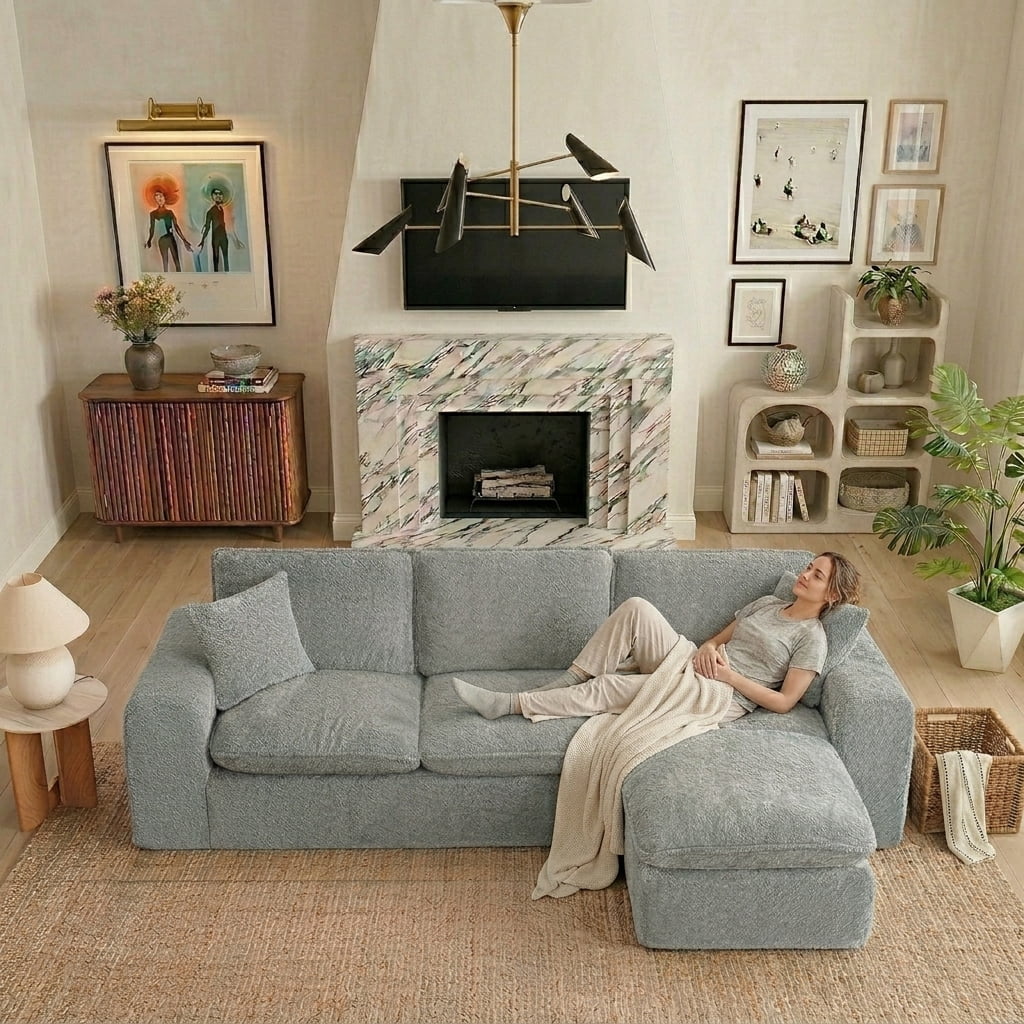 AISWORD 107" Modern Boucle Modular Sectional Cloud Sofa with Moveable Ottoman and Pillows