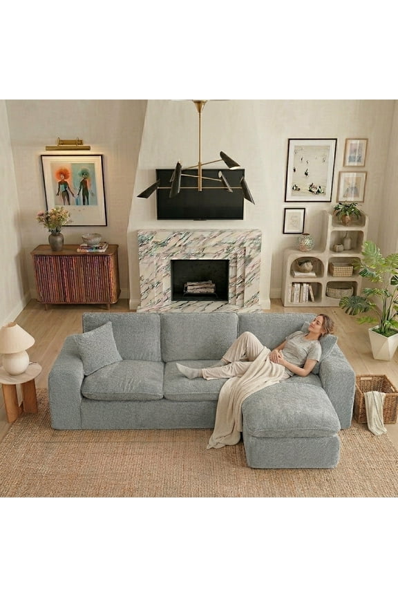 107" Modern Boucle Modular Sectional Cloud Sofa with Moveable Ottoman and Pillows