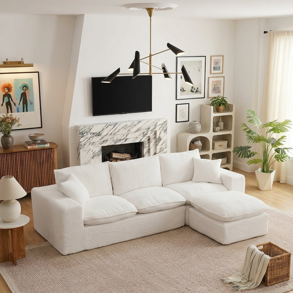 AISWORD 107" Modern Boucle Modular Sectional Cloud Sofa with Moveable Ottoman and Pillows