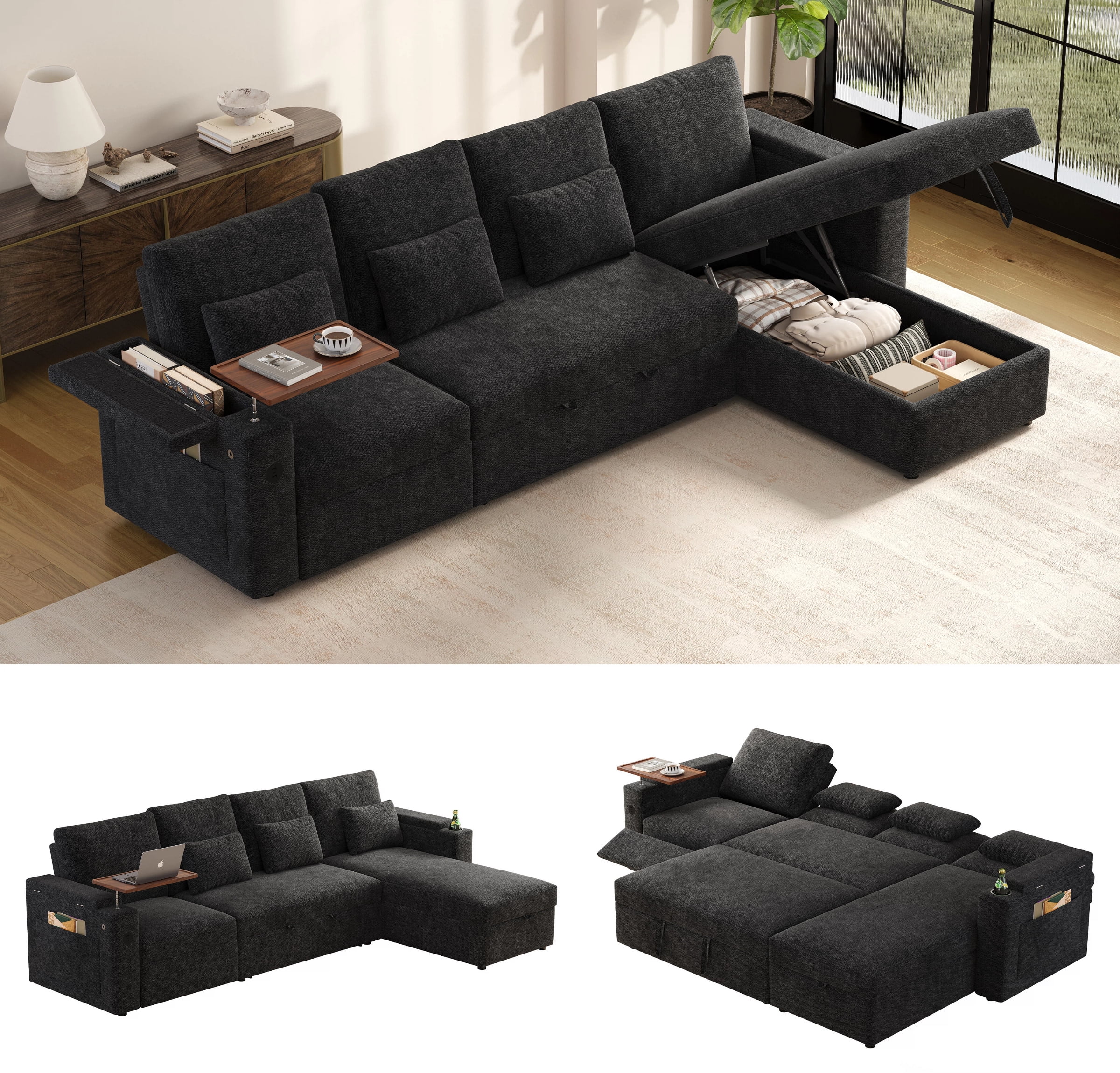 AISWORD 108" 3-in-1 Convertible Pull Out Sofa Bed, 6 Position Adjustable Sleeper Couch with USB Ports, Laptop Table, Cup Holders & Side Storage Pockets, Black