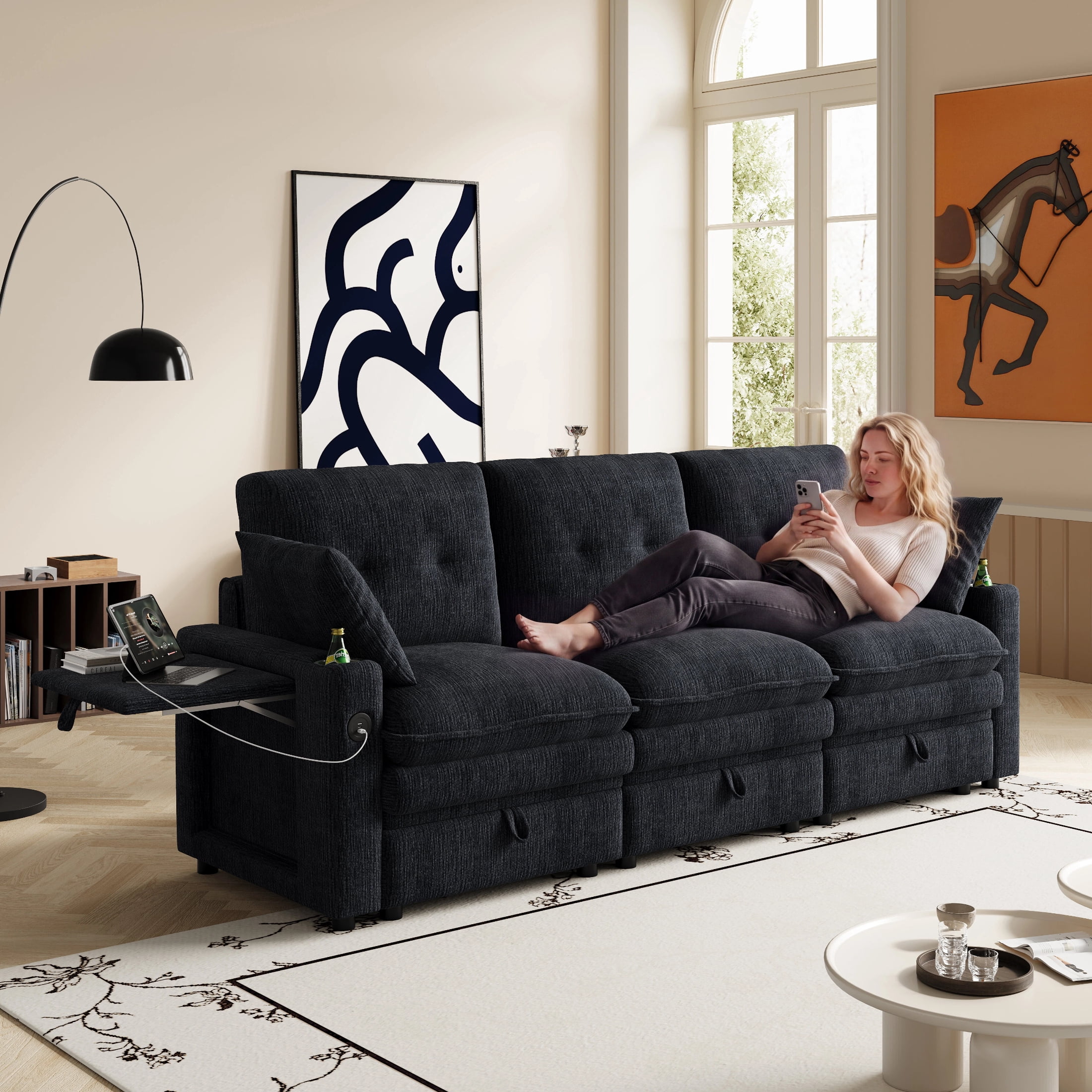 AISWORD 89" 3-in-1 Convertible Pull Out Sofa Bed, 6 Position Adjustable Sleeper Couch with USB Ports, Laptop Table, Cup Holders & Side Storage Pockets, Black