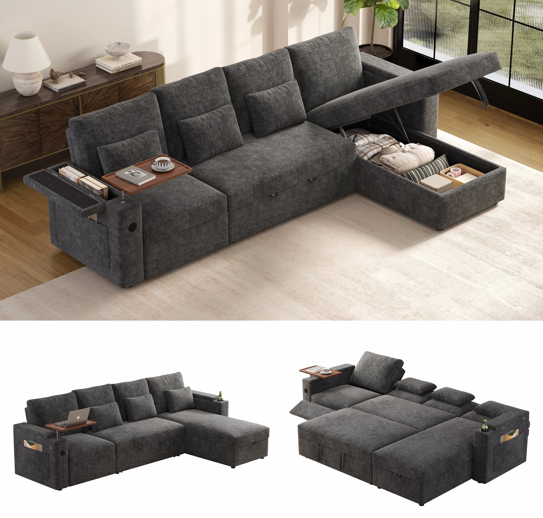 AISWORD 108" 3-in-1 Convertible Pull Out Sofa Bed, 6 Position Adjustable Sleeper Couch with USB Ports, Laptop Table, Cup Holders & Side Storage Pockets, Gray