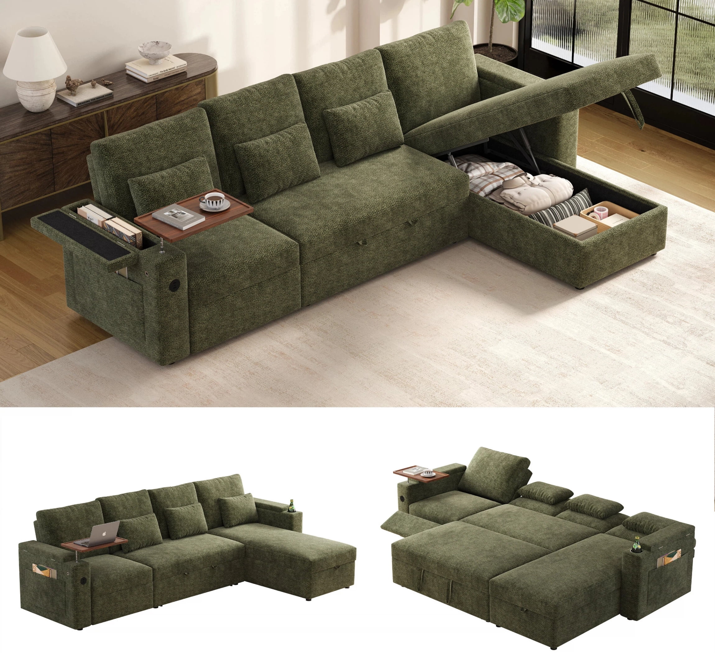 AISWORD 108" 3-in-1 Convertible Pull Out Sofa Bed, 6 Position Adjustable Sleeper Couch with USB Ports, Laptop Table, Cup Holders & Side Storage Pockets, Green
