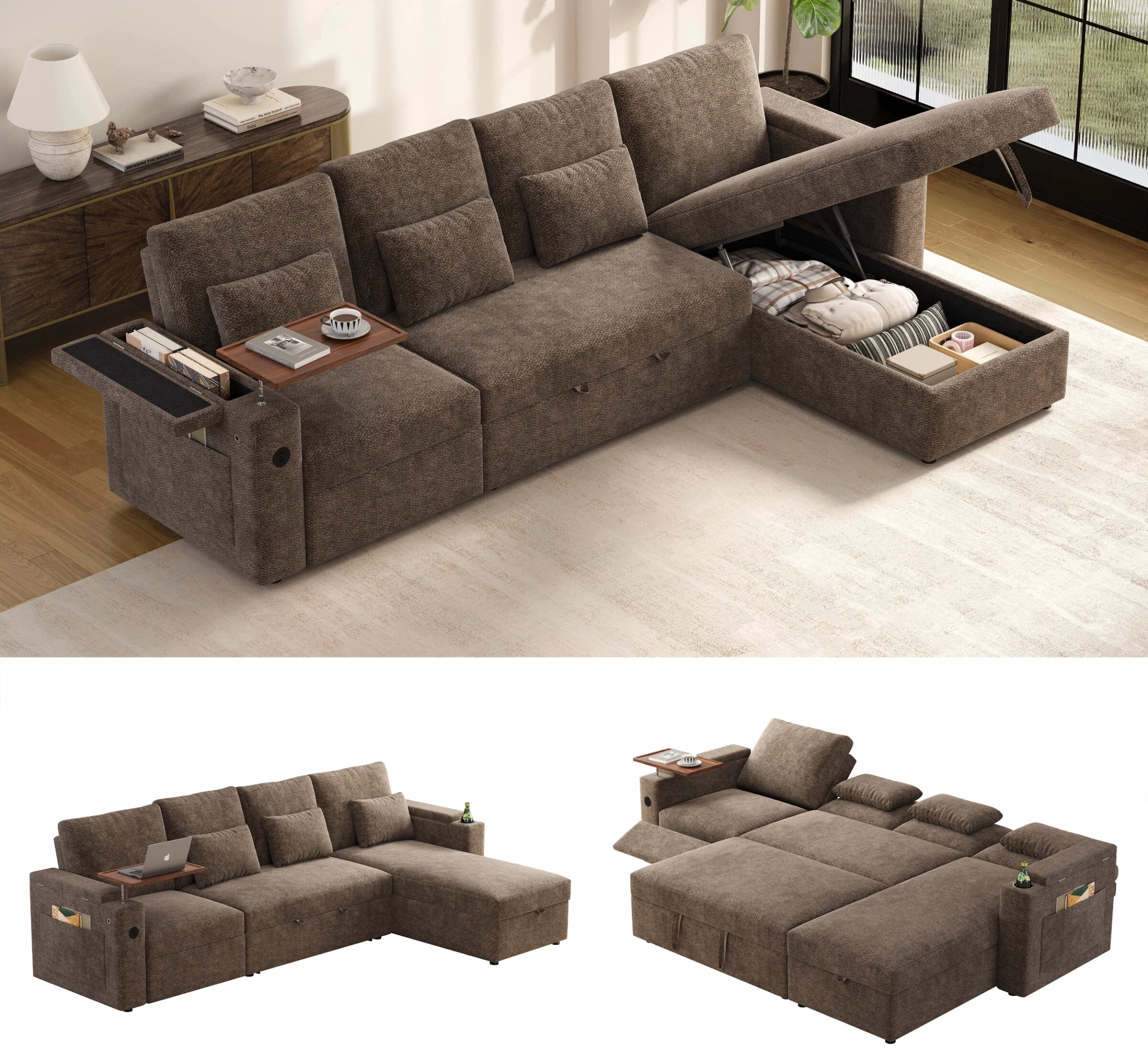 AISWORD 108" 3-in-1 Convertible Pull Out Sofa Bed, 6 Position Adjustable Sleeper Couch with USB Ports, Laptop Table, Cup Holders & Side Storage Pockets, Khaki