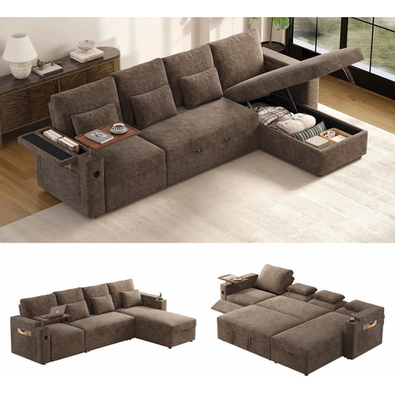 AISWORD 108" 3-in-1 Convertible Pull Out Sofa Bed, 6 Position Adjustable Sleeper Couch with USB Ports, Laptop Table, Cup Holders & Side Storage Pockets, Khaki