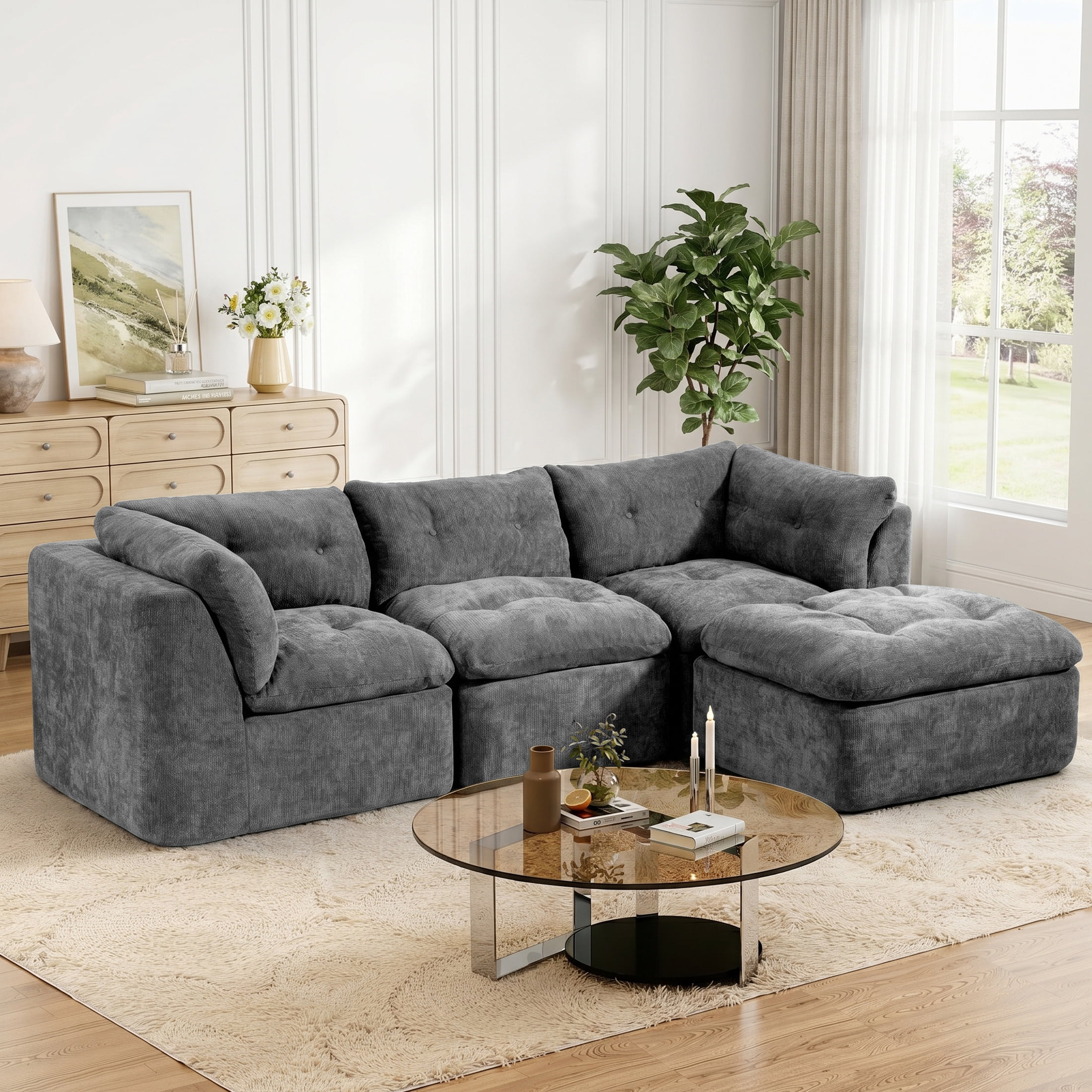 AISWORD Modular Sectional Sofa, Deep Seat Cloud Couch with Ottoman, 4-Seater Convertible L-Shaped Chenille Fabric Couch, Oversized Comfortable Frame-Free Set for Living Room, No Assembly, Grey