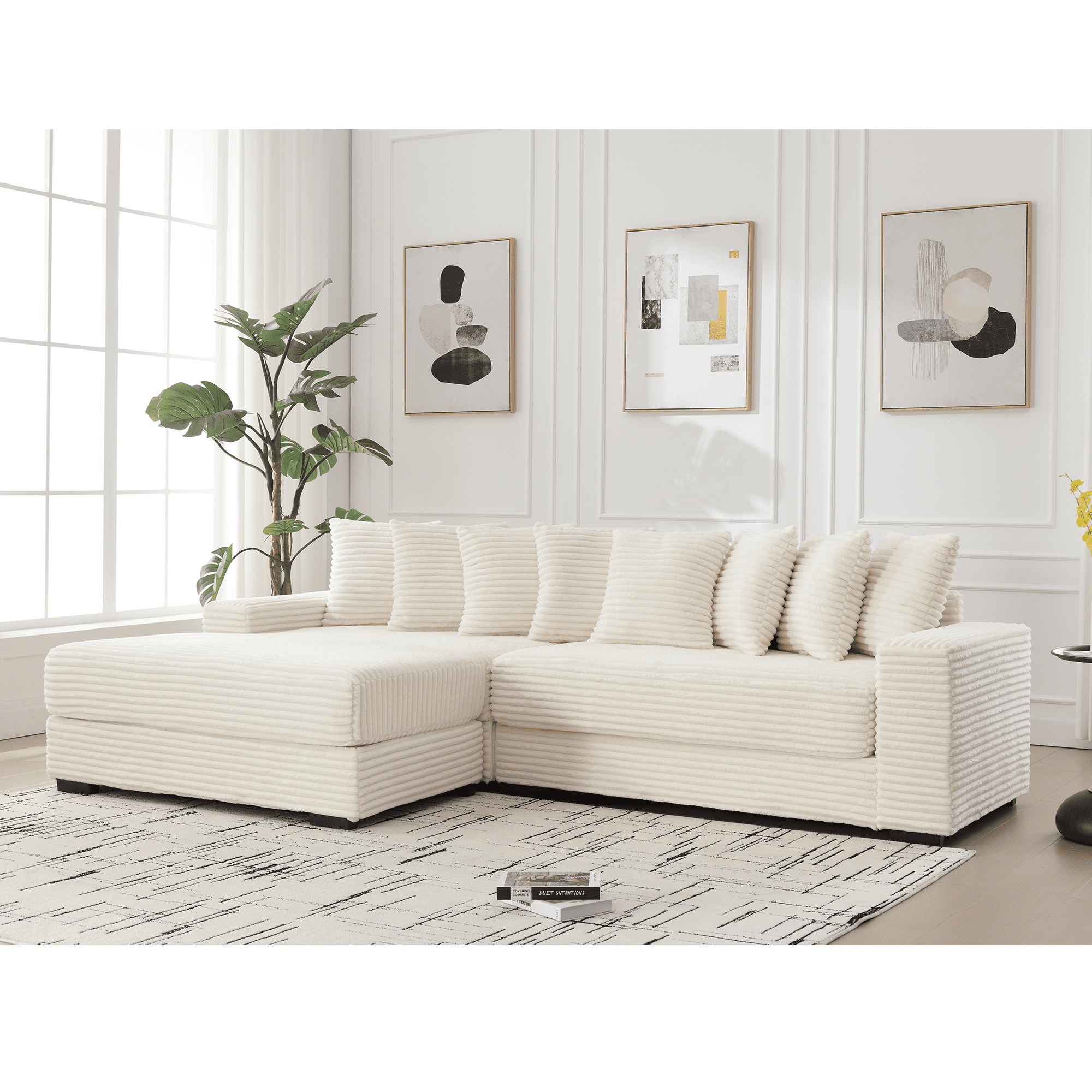 AISWORD 111" Oversized 3-Seat L-Shaped Sectional Sofa with Left Chaise, Luxury Corduroy Fabric Modular Couch with 8 Throw Pillows, Easy Assembly for Living Room