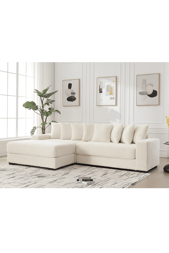 111" Oversized 3-Seat L-Shaped Sectional Sofa with Left Chaise, Luxury Corduroy Fabric Modular Couch with 8 Throw Pillows, Easy Assembly for Living Room