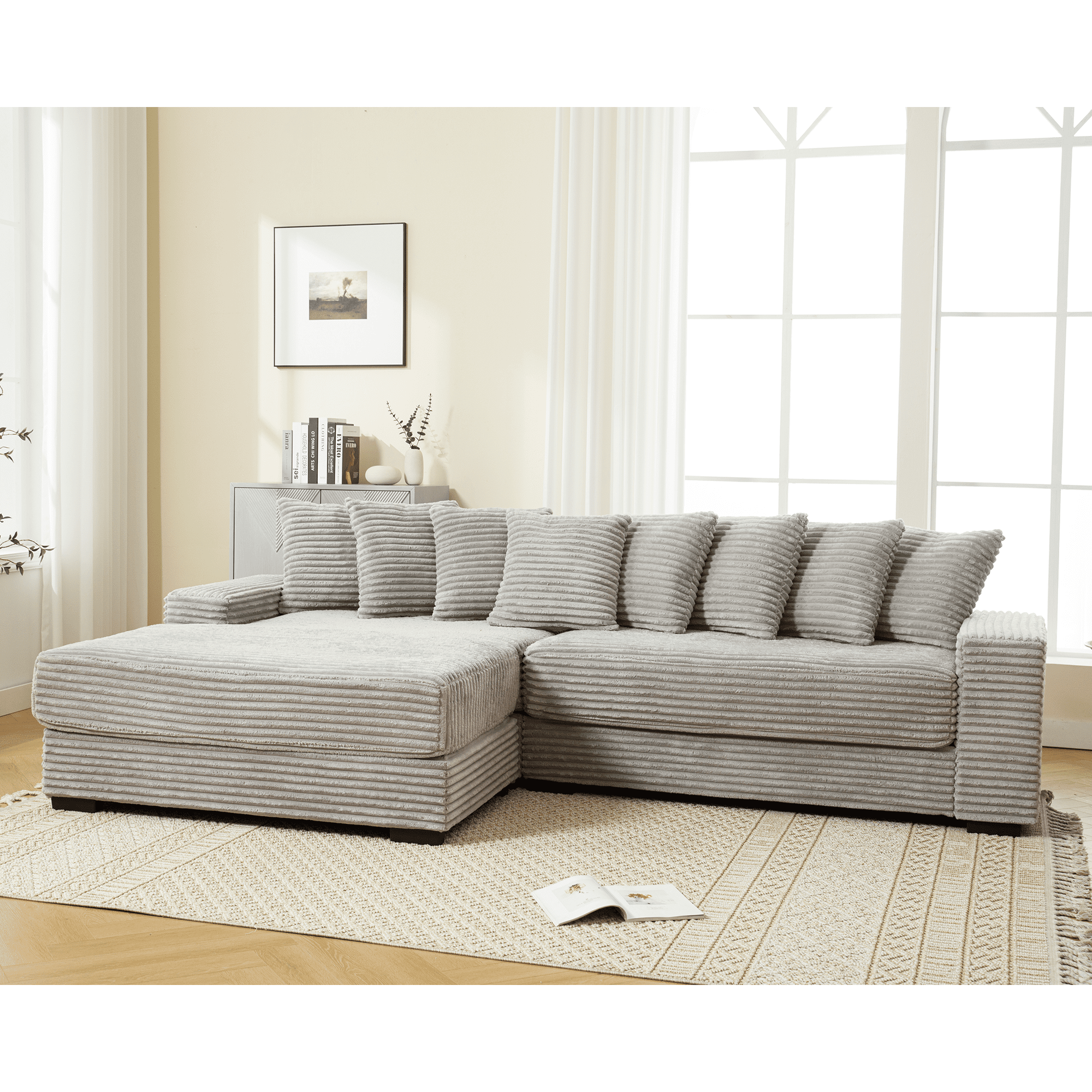 AISWORD 111" Oversized 3-Seat L-Shaped Sectional Sofa with Left Chaise, Luxury Corduroy Fabric Modular Couch with 8 Throw Pillows, Easy Assembly for Living Room