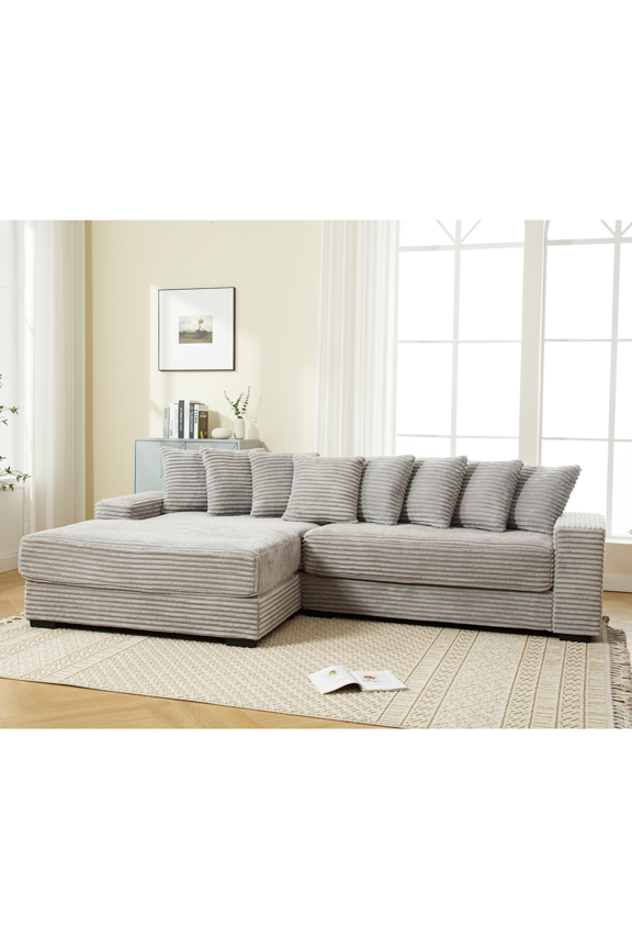 111" Oversized 3-Seat L-Shaped Sectional Sofa with Left Chaise, Luxury Corduroy Fabric Modular Couch with 8 Throw Pillows, Easy Assembly for Living Room