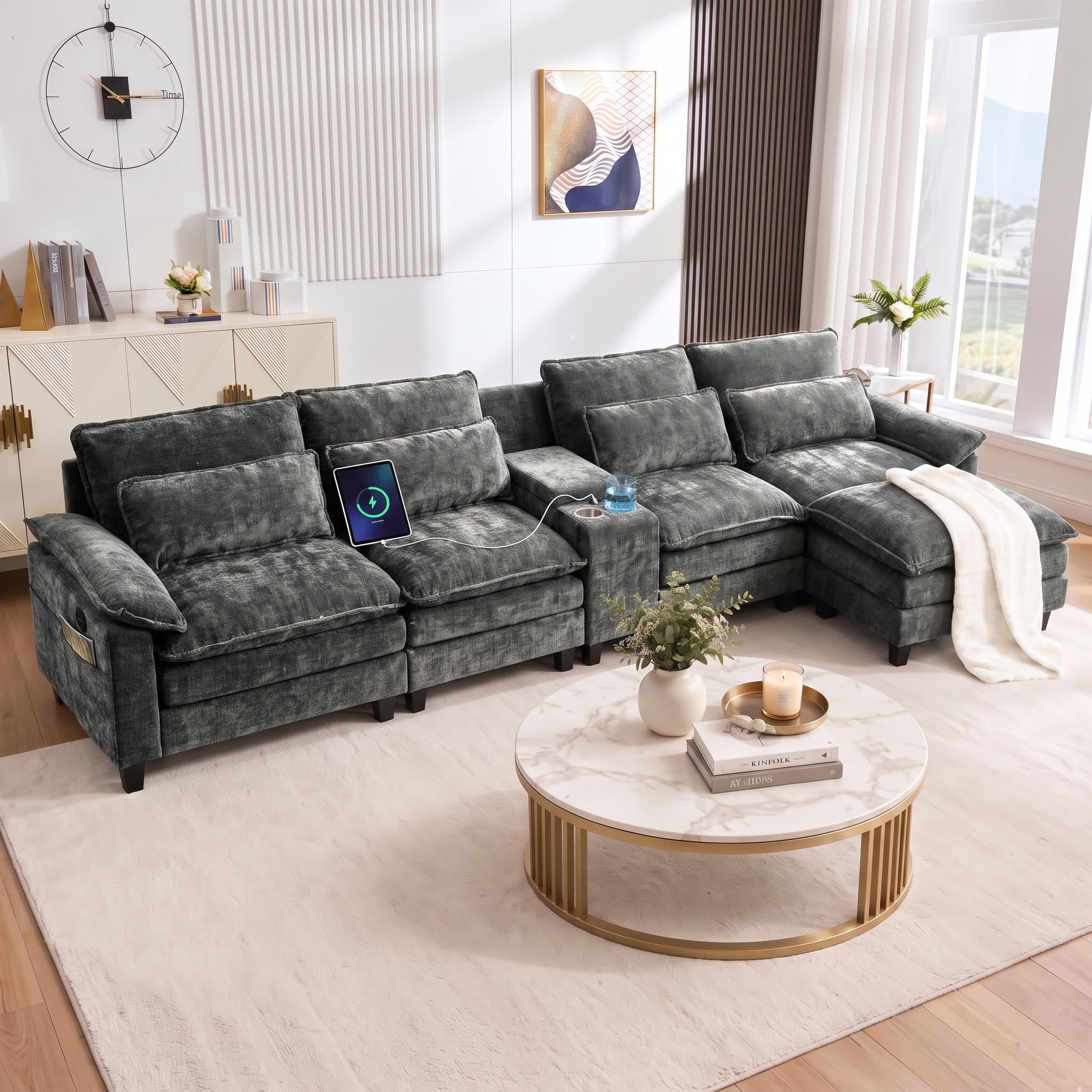 AISWORD 157" L Shaped Cloud Sectional, Modular Sofa with USB Charging, Hidden Storage, Cup Holders, Living Room Furniture, Gray