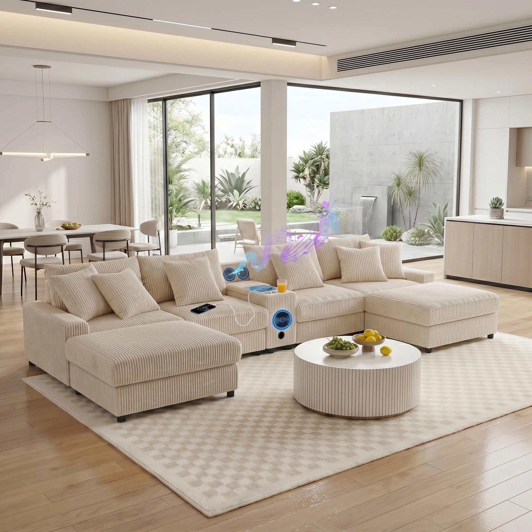 AISWORD 112" U Shaped Sectional Couch with Bluetooth Speakers, USB Charger, Console with Cup Holders & Corduroy Chaise, Cream